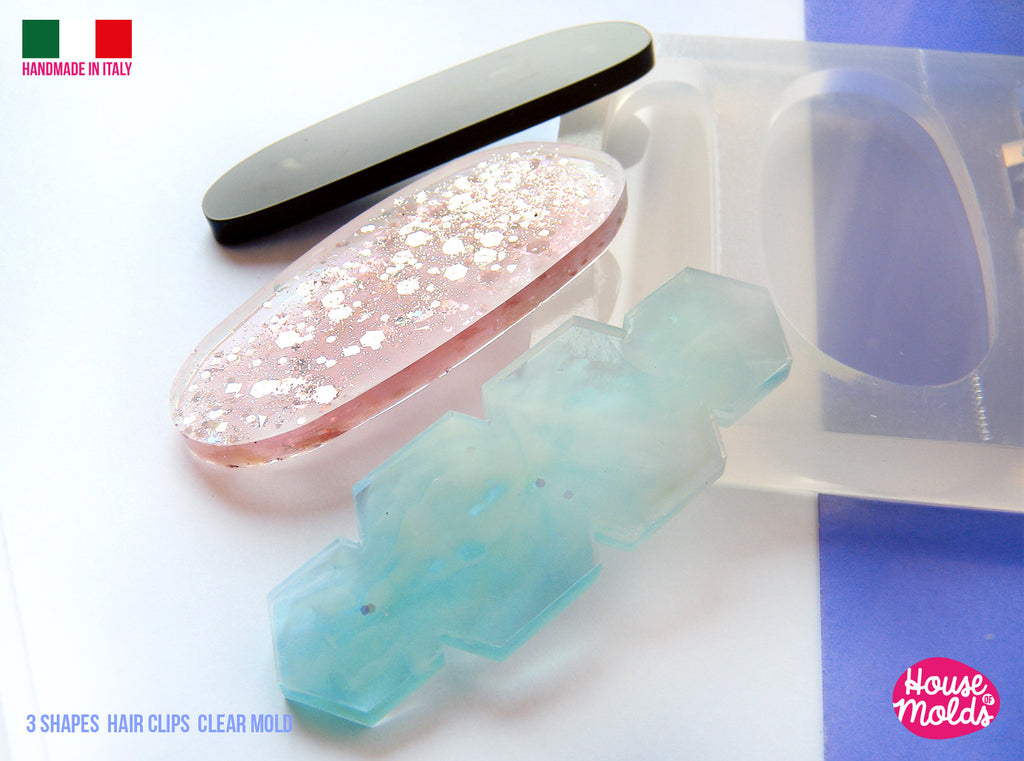 Hair Clips 3 Flat Shapes Clear Mold , 3 designs  for hair clip / brooches- Transparent Silicone Mold super shiny - House of molds
