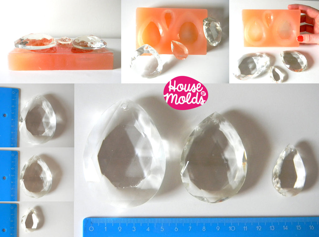 3D Faceted Teardrop Crystal Mold Set of 3, Silicone mold for earrings ,pendants, decoration,house of molds super shiny resin creations
