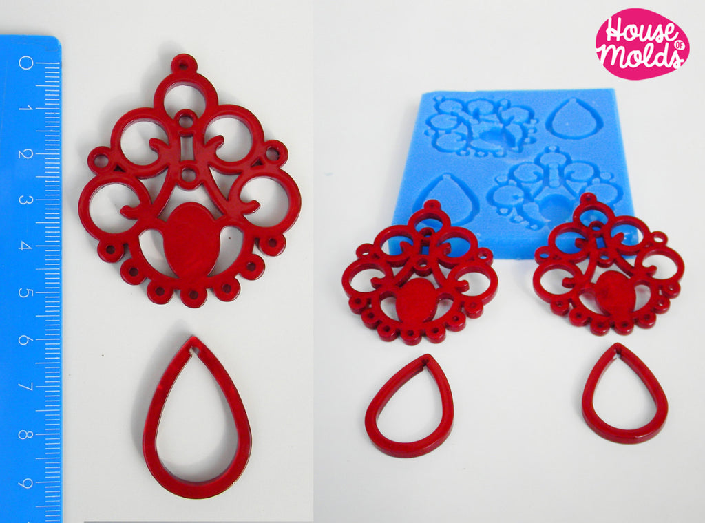 Chandelier Earrings Set + drop elements clear mold , 4 cavityes super shiny - house of molds