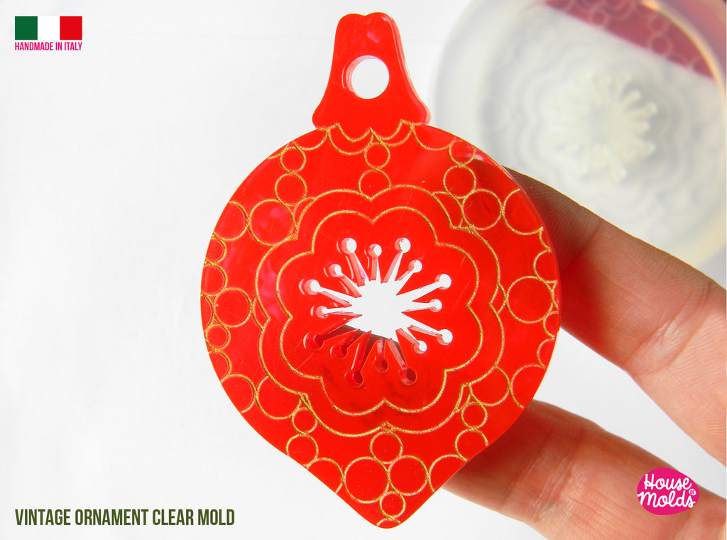 Christmas Vintage  Ornament V1 Clear Mold , flat shape with carved details  76 mm x 54 mm  and 5 mm thickness , premade hole on top, super shiny