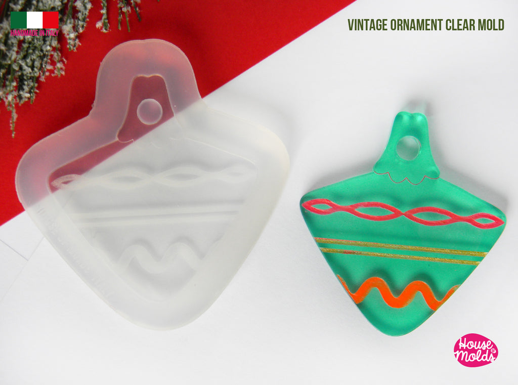 Christmas Vintage Ornament V4 Clear Mold , flat shape with carved details  60 x 56 mm  and 5 mm thickness , super shiny premade hole on top