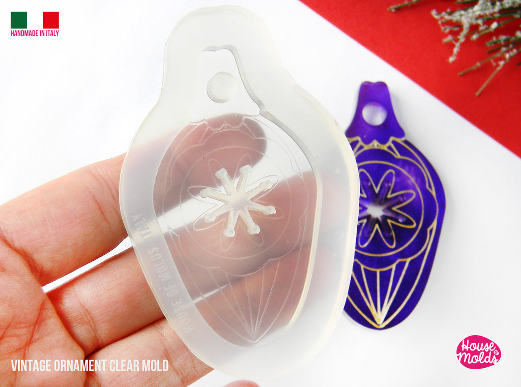 Christmas Vintage  Ornament V3 Clear Mold , flat shape with carved details  71 mm x 40 mm  and 5 mm thickness , premade hole on top, super shiny