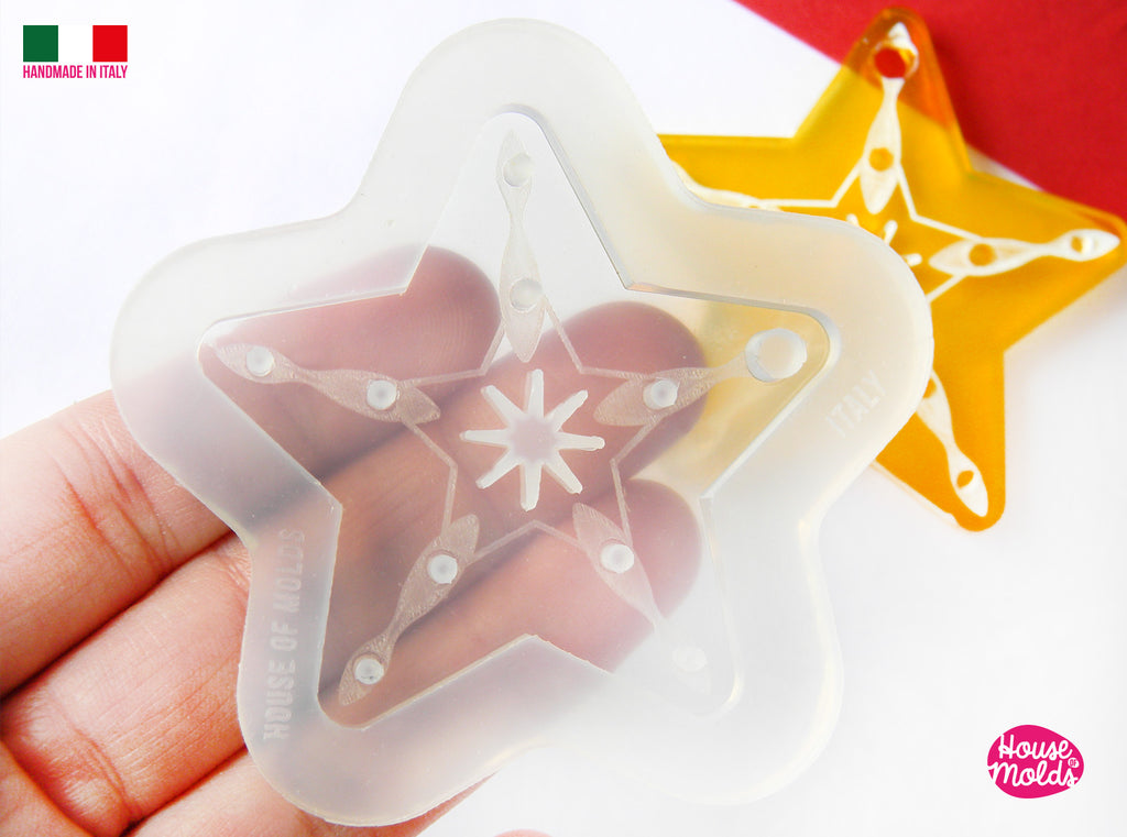 Christmas Vintage STAR Ornament V5  Clear Mold , flat shape with carved details  60 x 60 mm  and 5 mm thickness , premade hole on top, super shiny