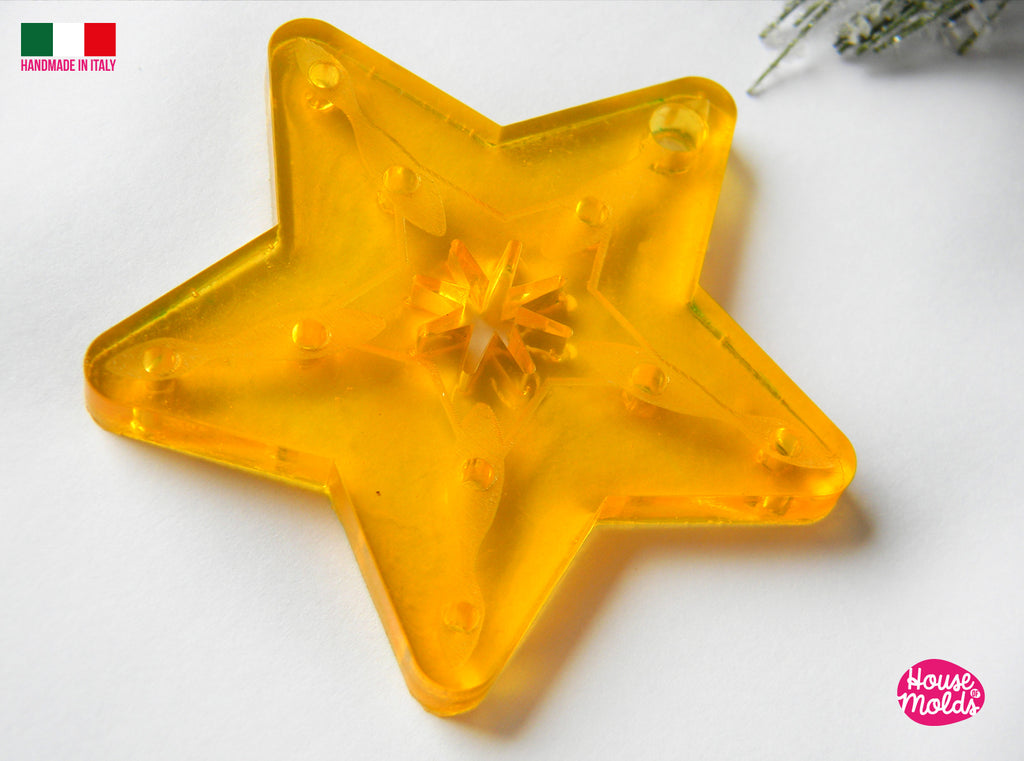 Christmas Vintage STAR Ornament V5  Clear Mold , flat shape with carved details  60 x 60 mm  and 5 mm thickness , premade hole on top, super shiny