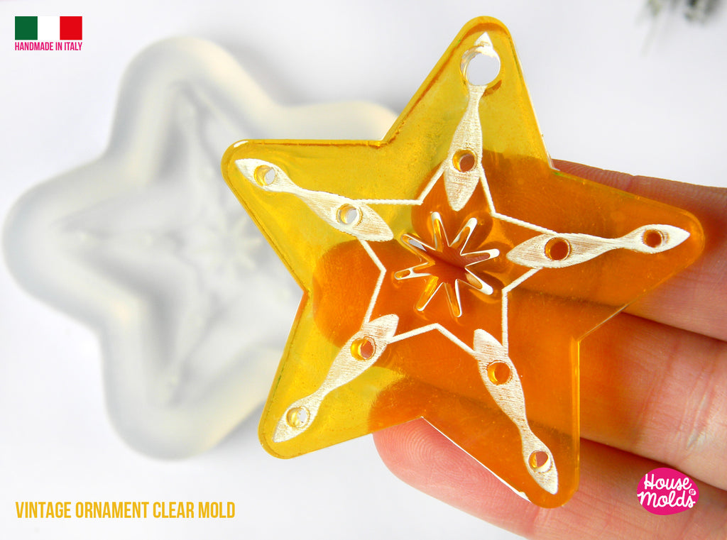 Christmas Vintage STAR Ornament V5  Clear Mold , flat shape with carved details  60 x 60 mm  and 5 mm thickness , premade hole on top, super shiny