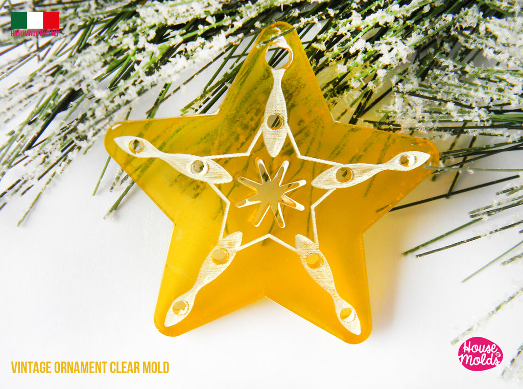 Christmas Vintage STAR Ornament V5  Clear Mold , flat shape with carved details  60 x 60 mm  and 5 mm thickness , premade hole on top, super shiny