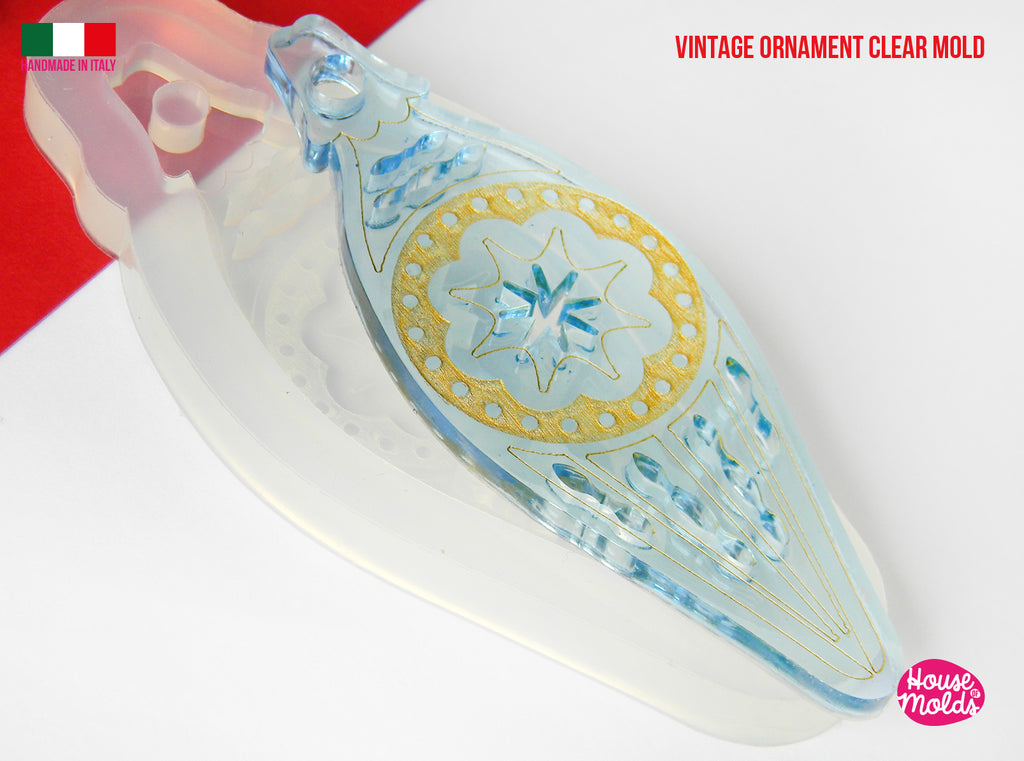 Christmas Vintage Big Ornament V6 Clear Mold , flat shape with carved details  160 mm x 38 mm  and 5 mm thickness , premade hole on top, super shiny