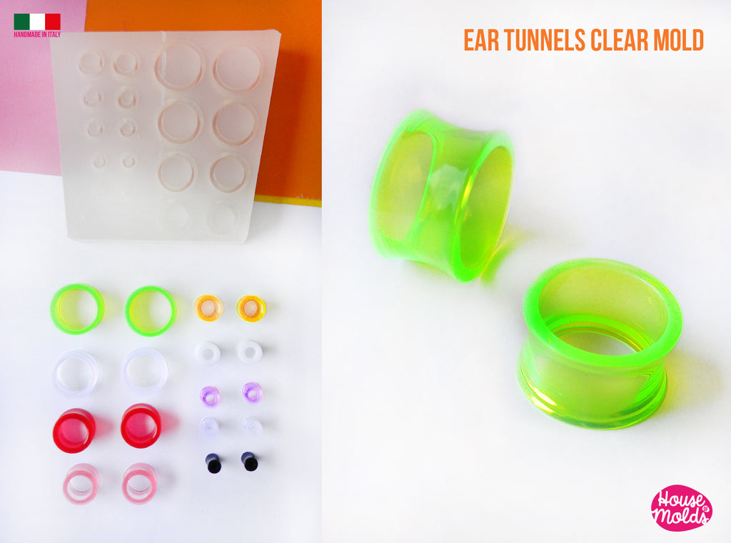 9 Sizes - Double Flares Hollow Ear Tunnels Clear  Silicone Mold, transparent Mold with 18 cavityes-Multisize Ear plugs