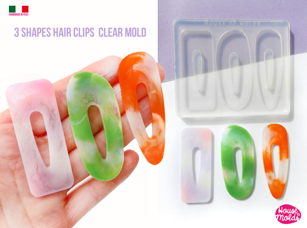 Everyday Hair Clips 3 Flat Shapes Clear Mold  - Transparent Silicone Mold super shiny  House of molds