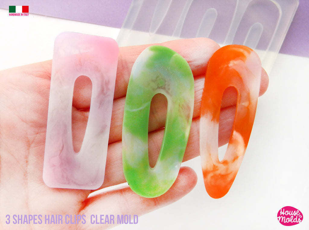 Everyday Hair Clips 3 Flat Shapes Clear Mold  - Transparent Silicone Mold super shiny  House of molds