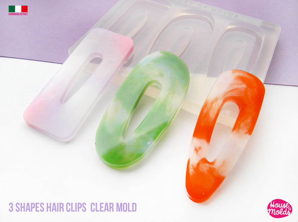 Everyday Hair Clips 3 Flat Shapes Clear Mold  - Transparent Silicone Mold super shiny  House of molds