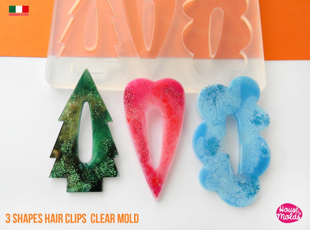 Fancy Hair Clips 3 Flat Shapes Clear Mold  - Transparent Silicone Mold super shiny  House of molds