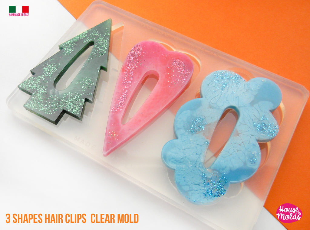 Fancy Hair Clips 3 Flat Shapes Clear Mold  - Transparent Silicone Mold super shiny  House of molds