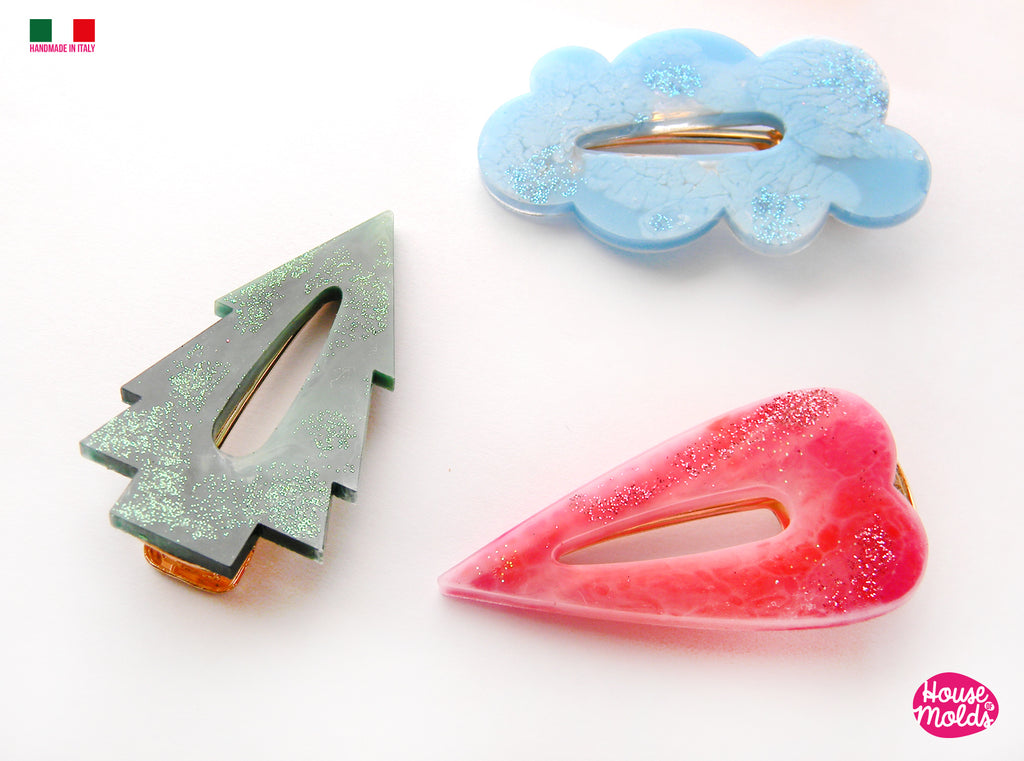 Fancy Hair Clips 3 Flat Shapes Clear Mold  - Transparent Silicone Mold super shiny  House of molds