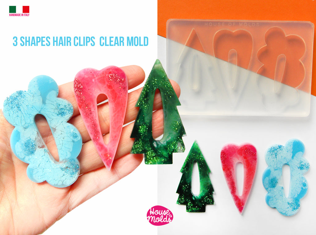 Fancy Hair Clips 3 Flat Shapes Clear Mold  - Transparent Silicone Mold super shiny  House of molds