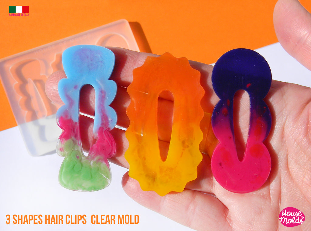 Groovy  Hair Clips 3 Flat Shapes Clear Mold  - Transparent Silicone Mold super shiny  House of molds (Copia)