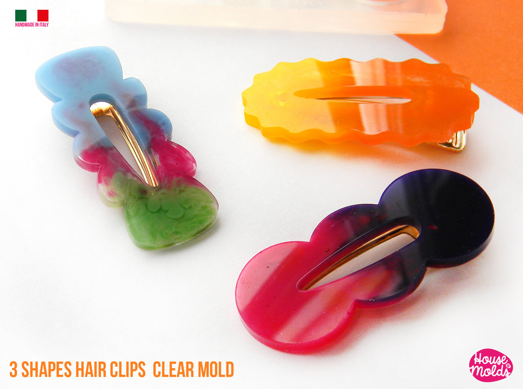 Groovy  Hair Clips 3 Flat Shapes Clear Mold  - Transparent Silicone Mold super shiny  House of molds (Copia)