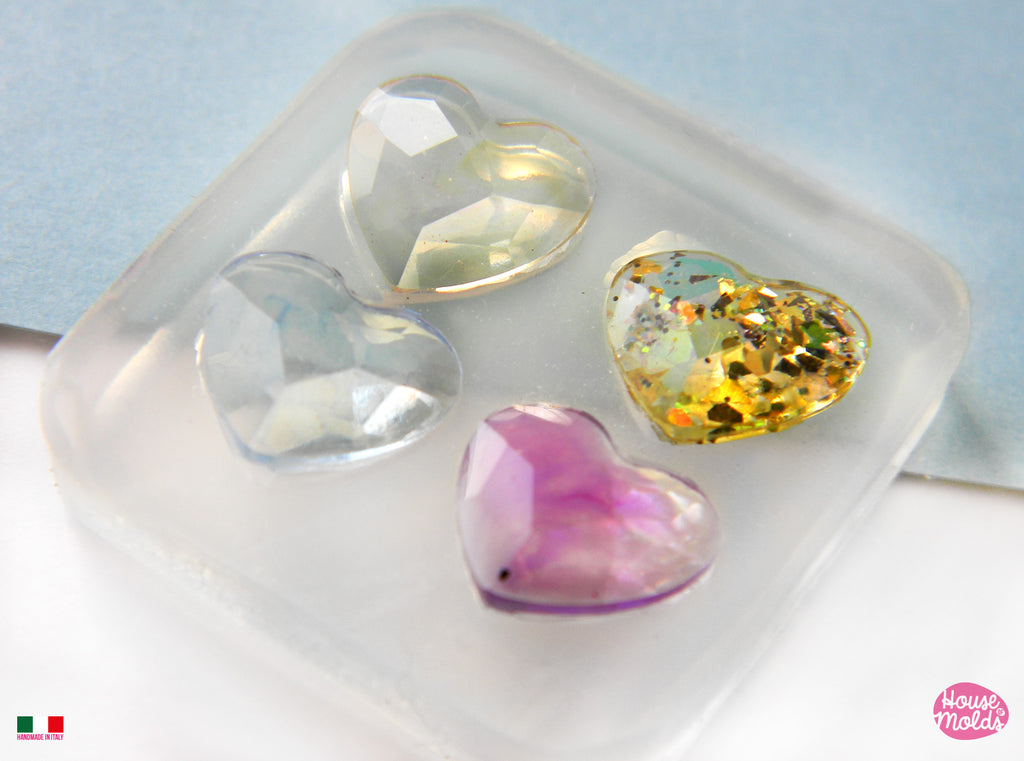 Faceted Hearts 12 x 14 mm -  4 cavities Mold for your precious  keepsakes- hearts with  flat back- super glossy