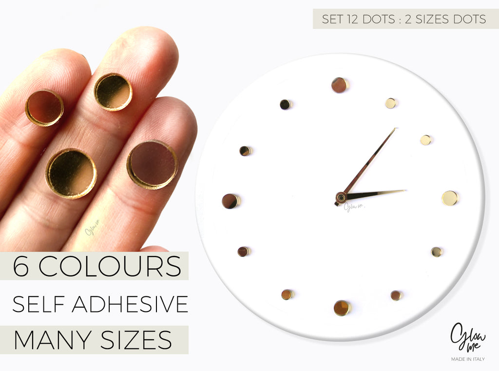 MOD ROUNDA12  - 12  ROUND DASHES FOR CLOCK MAKING - SELF ADHESIVE - 6 MIRRORED COLOURS , MANY SIZES TO CHOOSE