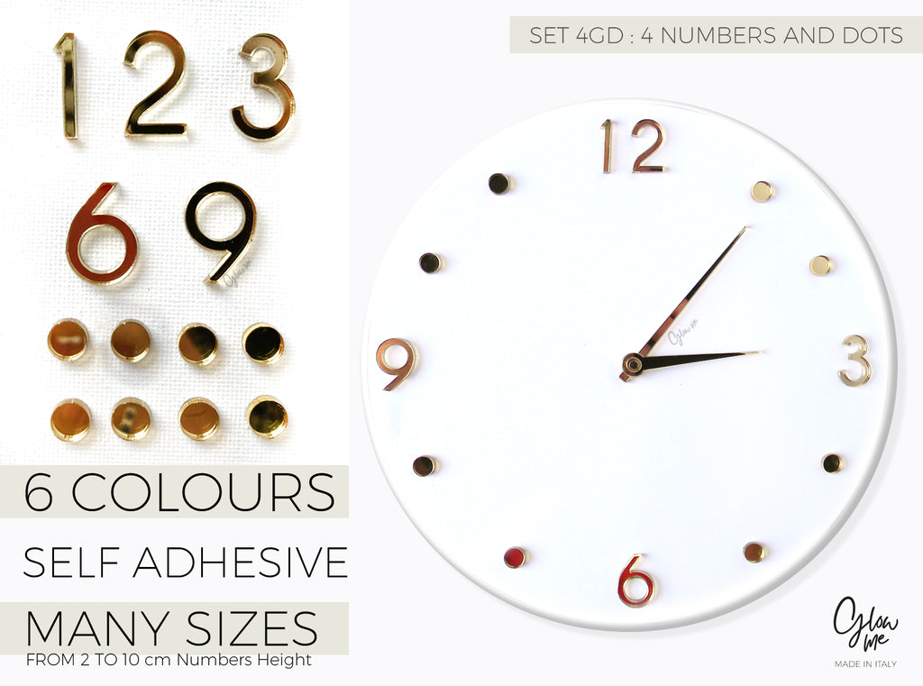 MOD 4GRD - SET OF 4 ACRILIC NUMBERS AND 8 ROUND DASHES FOR CLOCK MAKING - SELF ADHESIVE - 6 MIRRORED COLOURS , MANY SIZES TO CHOOSE
