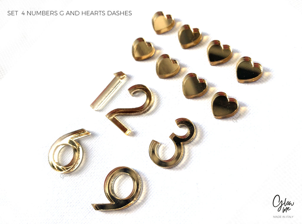 MOD 4GHD- SET OF 4 ACRILIC NUMBERS AND 8 HEARTS  DASHES FOR CLOCK MAKING - SELF ADHESIVE - 6 MIRRORED COLOURS , MANY SIZES TO CHOOSE