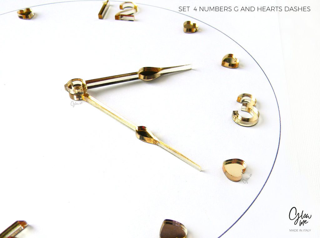 MOD 4GHD- SET OF 4 ACRILIC NUMBERS AND 8 HEARTS  DASHES FOR CLOCK MAKING - SELF ADHESIVE - 6 MIRRORED COLOURS , MANY SIZES TO CHOOSE