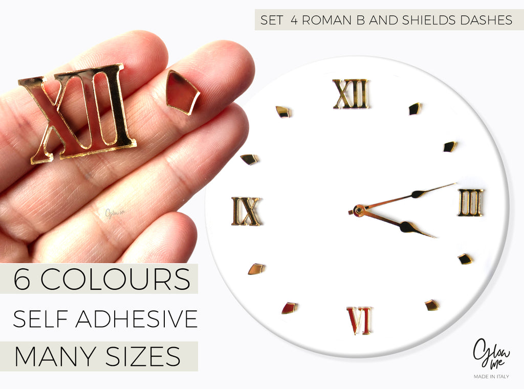 MOD 4BSHD- SET OF 4 ACRILIC ROMAN  NUMBERS AND 8 SHIELD DASHES FOR CLOCK MAKING - SELF ADHESIVE - 6 MIRRORED COLOURS , MANY SIZES TO CHOOSE