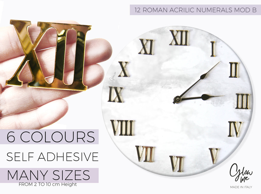 SET OF 12 ACRILIC ROMAN NUMERALS FOR CLOCK MAKING - SELF ADHESIVE - 6 MIRRORED COLOURS AND MANY SIZES TO CHOOSE - STYLE ROMAN B