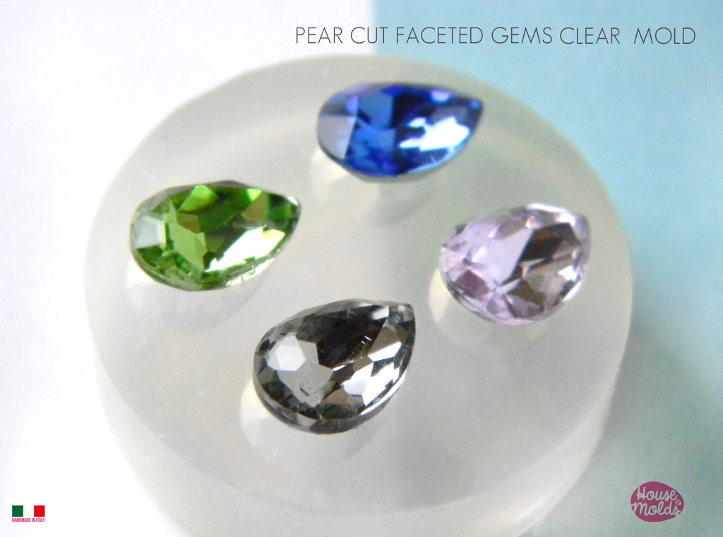 Pear Cut Faceted Gems Mold -  7 x 10 mm - 4 cavities for your precious  keepsakes - super glossy