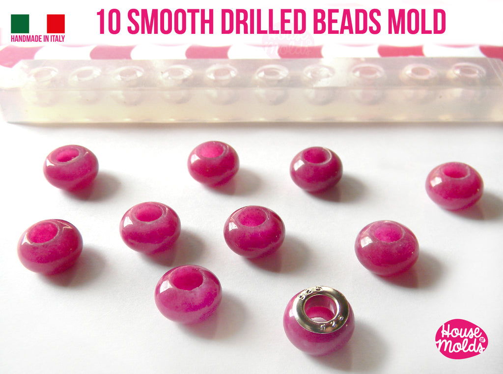 10 Smooth Drilled Beads Clear Mold ,Mold to make European style beads-smooth drilled beads 12 mmx 8 mm-5.5 mm inner hole diameter,super shiny easy to use