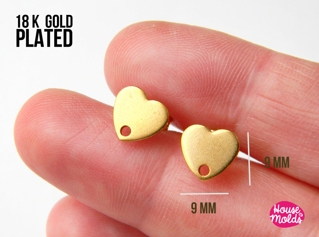 18K Gold Plated Hearts studs earrings with premade hole  - 9 x 9  mm  - luxury quality