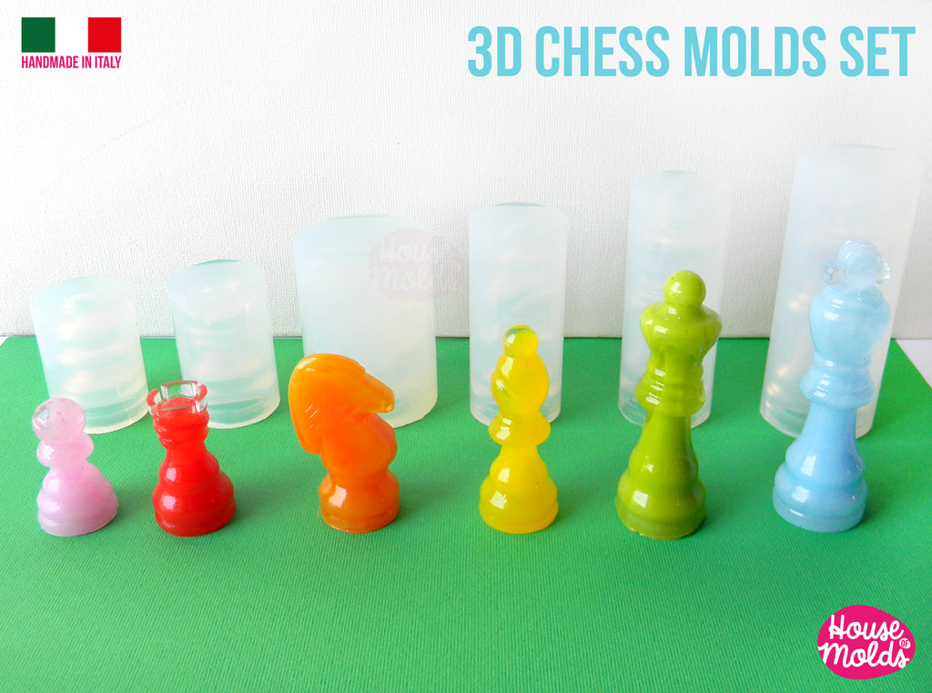 3D CHESS SET 6  Clear Silicone Molds  - 6 chess pieces for play standard size - house of molds design