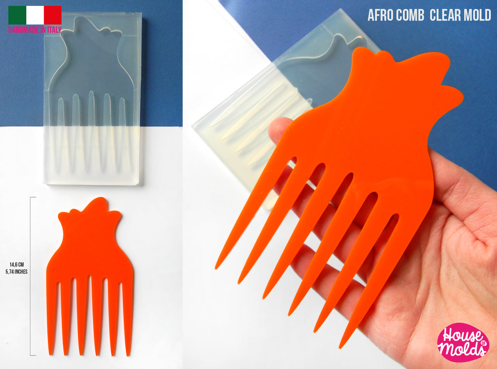 AFRO COMB #3 Clear mold 14,6 cm x 8 cm, super glossy afro pick , curly hair comb mold - HOUSE-OF-MOLDS