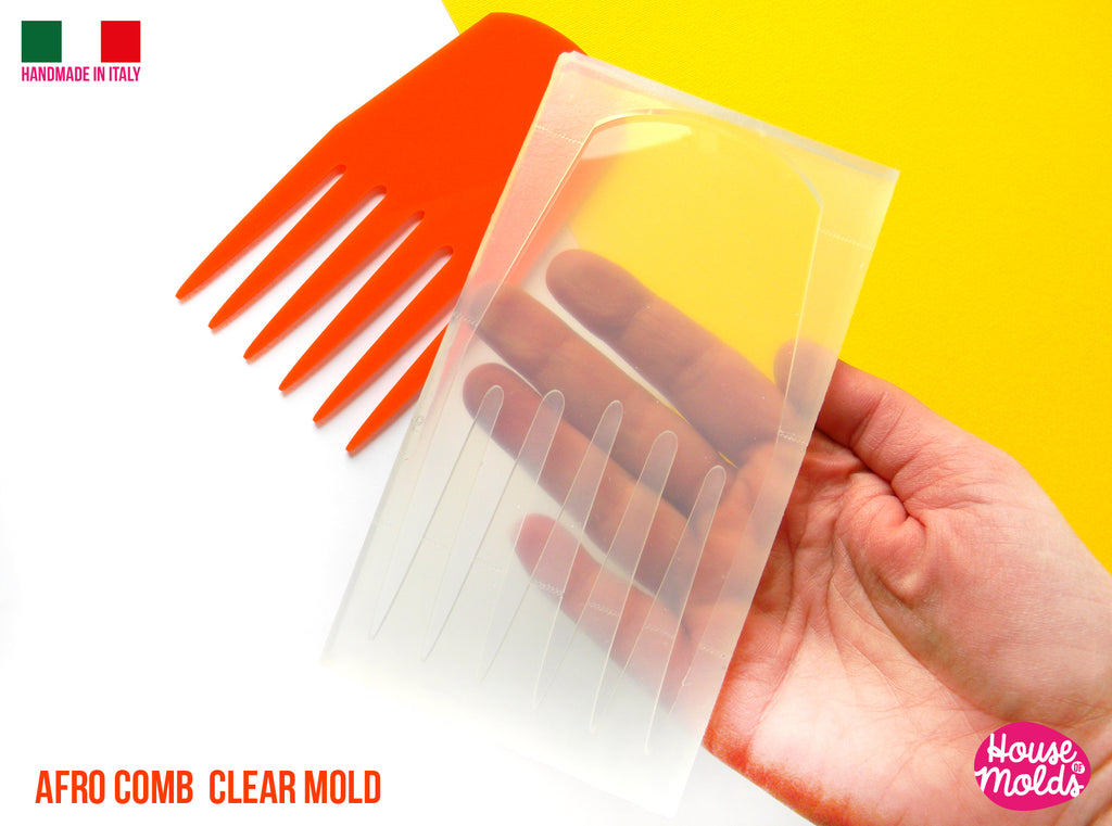 AFRO COMB #1 Clear mold 14,7 cm x 7,5  cm -  super glossy afro pick , curly hair comb mold - HOUSE-OF-MOLDS