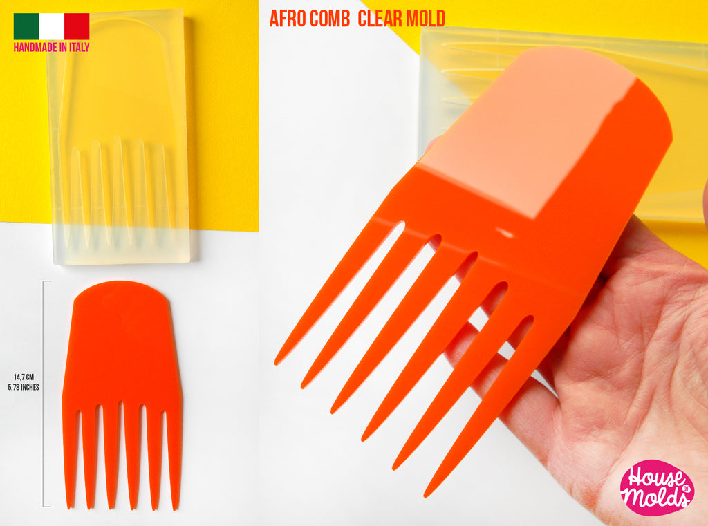 AFRO COMB #1 Clear mold 14,7 cm x 7,5  cm -  super glossy afro pick , curly hair comb mold - HOUSE-OF-MOLDS