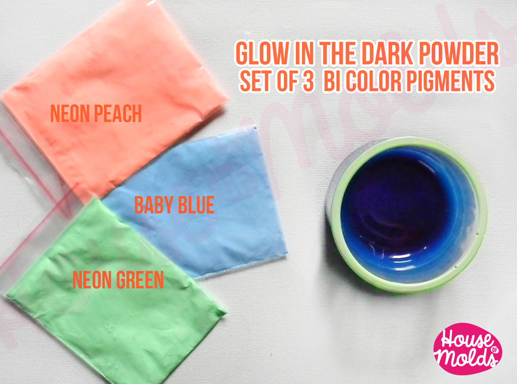 Bicolor Glow in the dark Pigments for Resin Colour Kit of 3 -coloured powders in the light bright coloured in the dark--high glowing properties infinite combinations