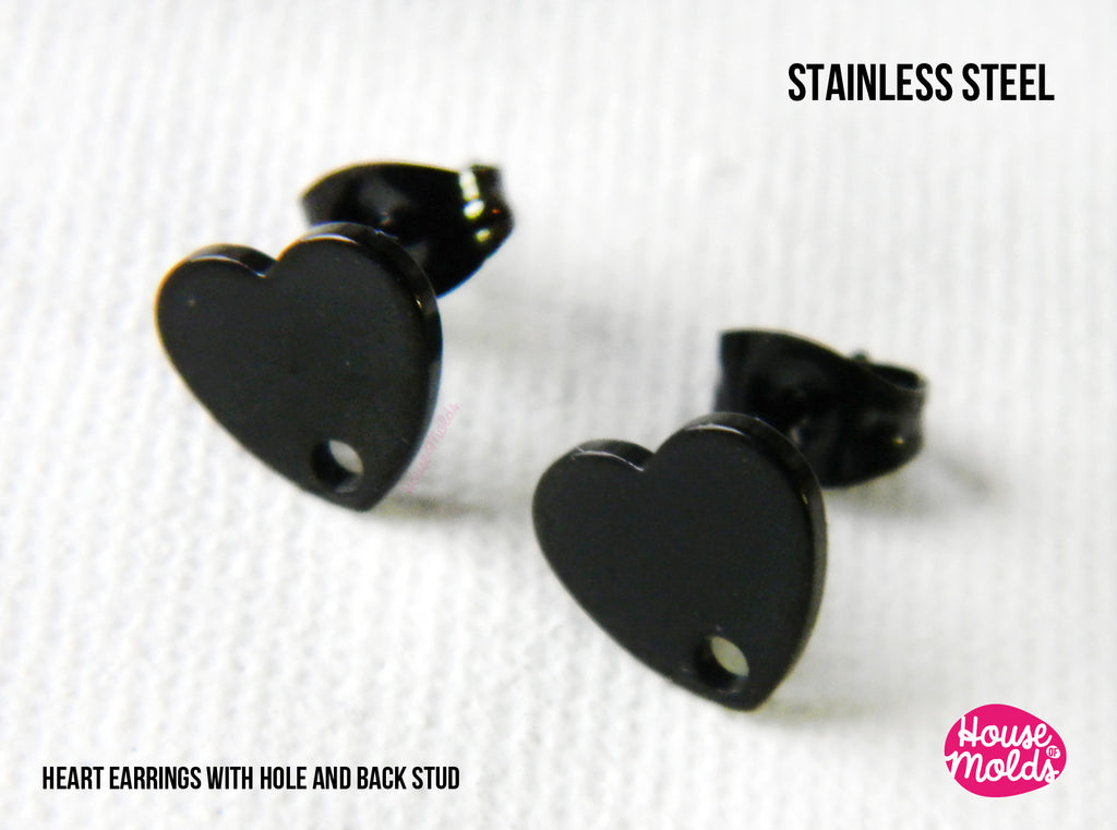 Orecchini a bottone Black Hearts con foro frontale - 9 x 9 mm - Acciaio inossidabile
