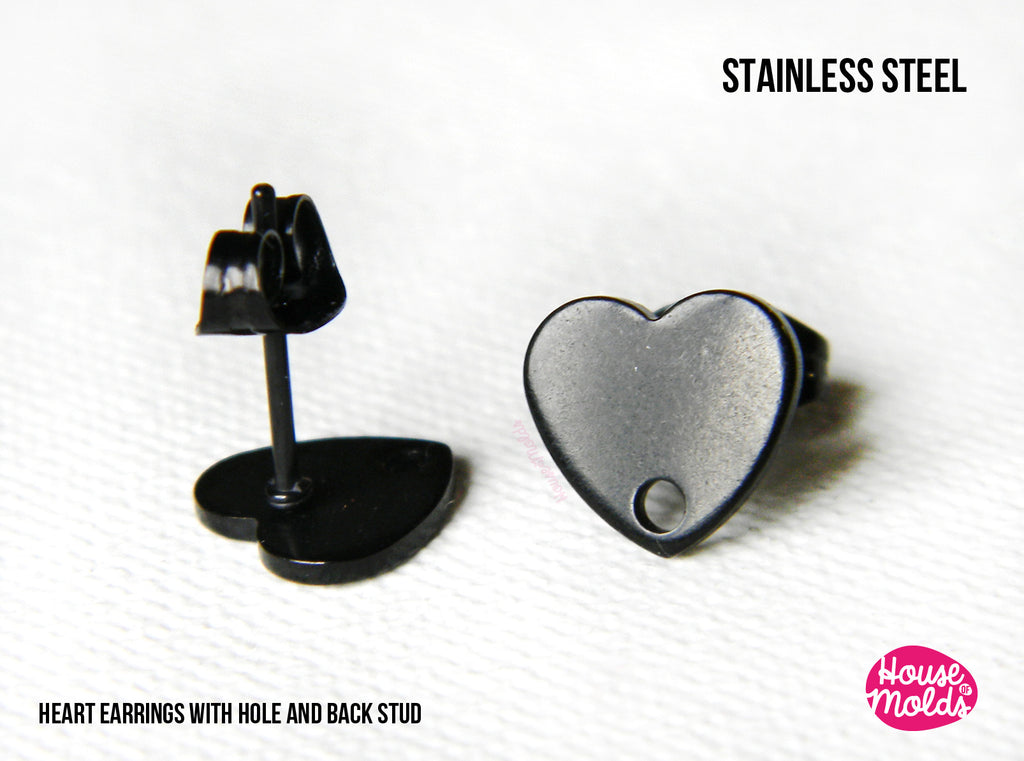 Orecchini a bottone Black Hearts con foro frontale - 9 x 9 mm - Acciaio inossidabile