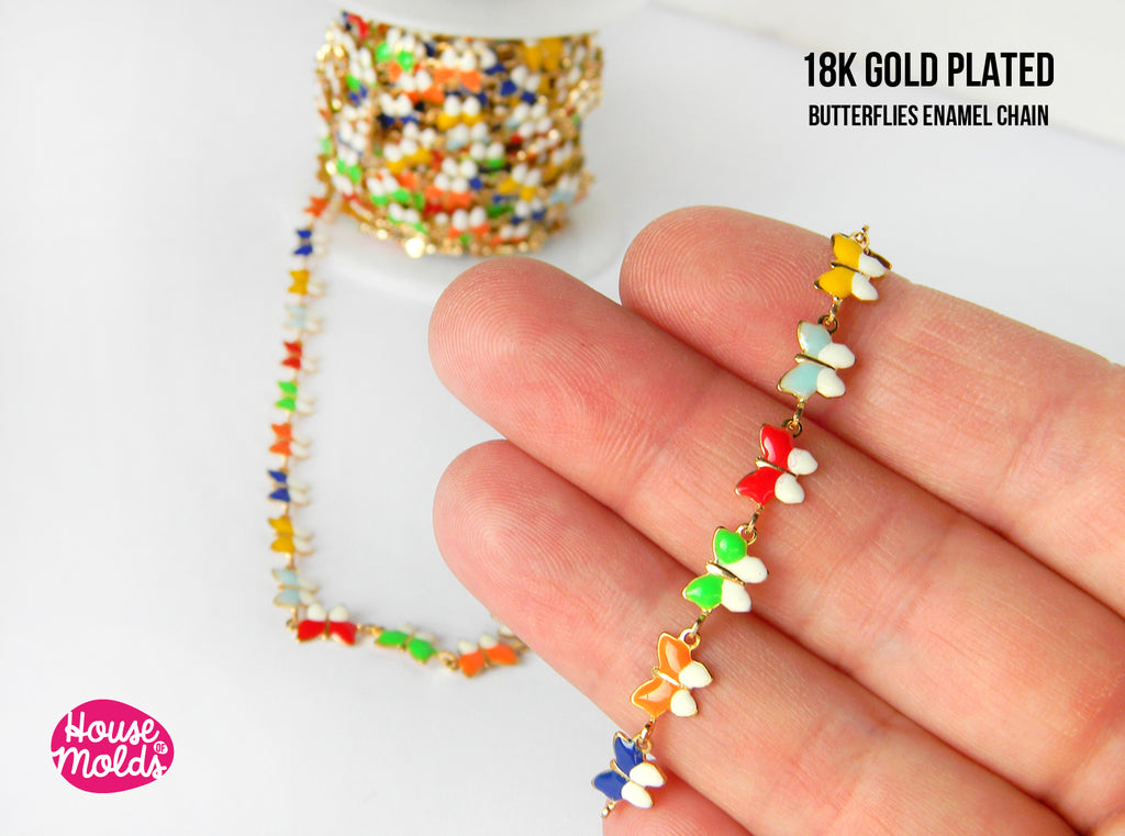 1 Meter Butterflies Enamel 18K Gold Plated Chain - 6 mm  butterflies linked- for necklace or bracelets making