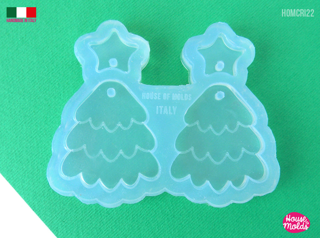 IMPERFECT Fluffy Christmas Tree earrings Set Clear Mold , Premade Holes on top , tree measurements 35 x 31 mm + stars on top  all thickness 3 mm super shiny - house of molds - Italy