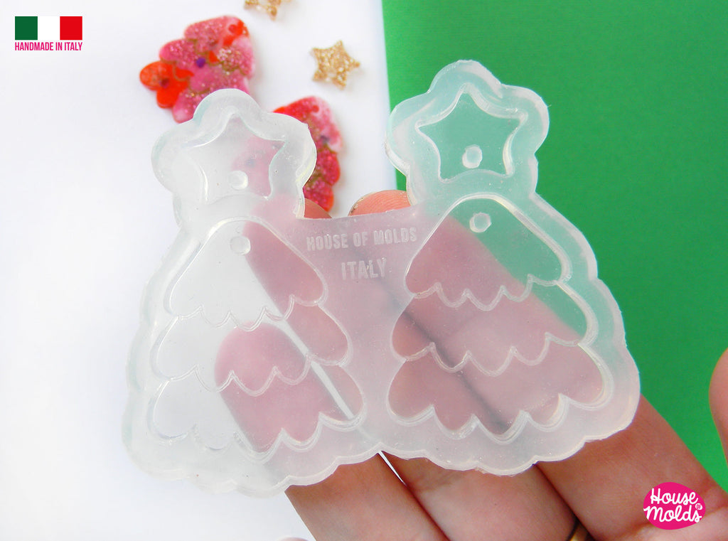 IMPERFECT Fluffy Christmas Tree earrings Set Clear Mold , Premade Holes on top , tree measurements 35 x 31 mm + stars on top  all thickness 3 mm super shiny - house of molds - Italy