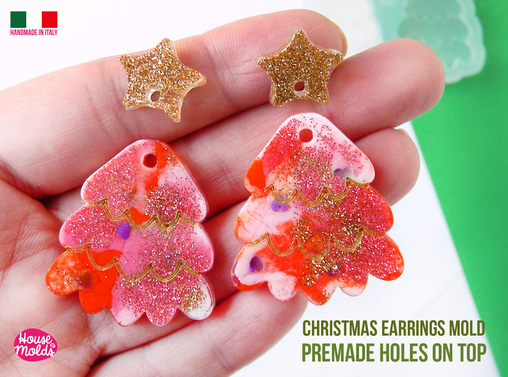 Fluffy Christmas Tree earrings Set Clear Mold , Premade Holes on top , tree measurements 35 x 31 mm + stars on top  all thickness 3 mm super shiny - house of molds - Italy