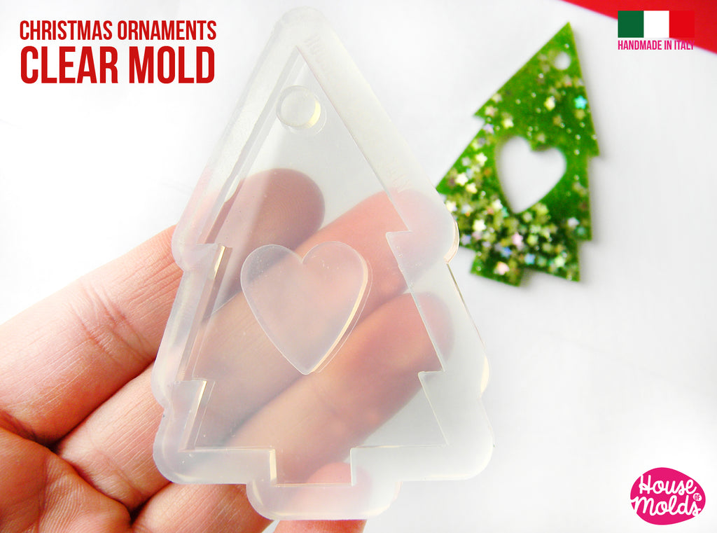 Christmas Ornament TREE SHAPE Clear Mold , flat tree 70 x 47 mm 4 mm thickness , super shinypremade hole on top - super shiny