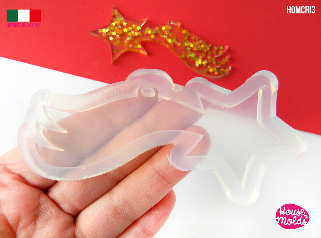 Christmas Falling Star Clear Mold , Nativity Comet star 98x 37 mm 4 mm thickness , premade hole - super shiny - house of molds- Italy