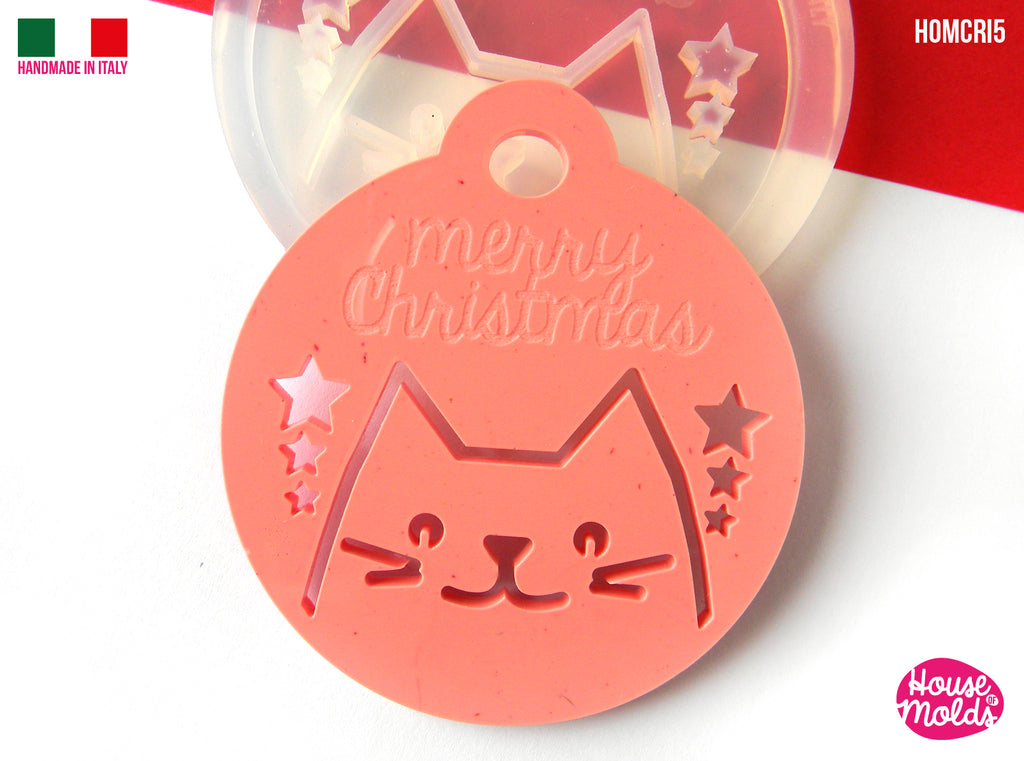 Christmas Cute Cat Flat Ball Clear Mold , 63 x 70 mm 4 mm thickness , MERRY CHRISTMAS engraved super shiny - house of molds Italy