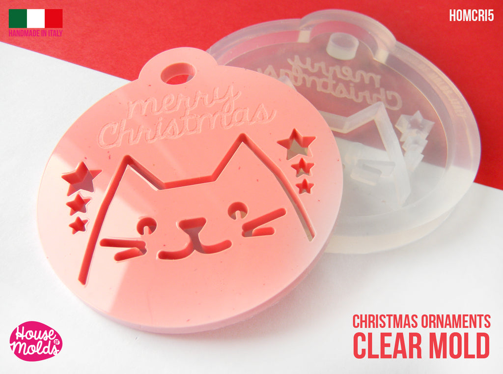 Christmas Cute Cat Flat Ball Clear Mold , 63 x 70 mm 4 mm thickness , MERRY CHRISTMAS engraved super shiny - house of molds Italy