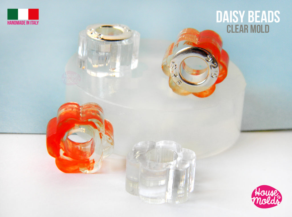 Daisy Drilled beads  Clear Mold , 11 mm x 6 mm tall , inner hole 5 mm , super glossy resin casting, easy to use