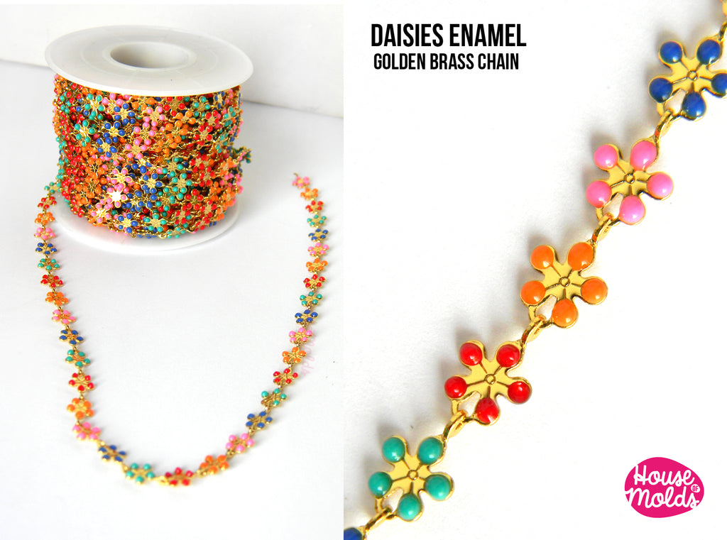 1 Meter Daisies Enamel Golden Brass Chain - 6 mm flowers linked- for necklace or bracelets making