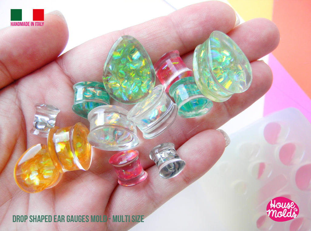 Drop Shaped Plugs Clear Mold - 6 Sizes Silicone Mold 12 cavityes-Multisize Ear plugs from 6 to 17  mm diameter
