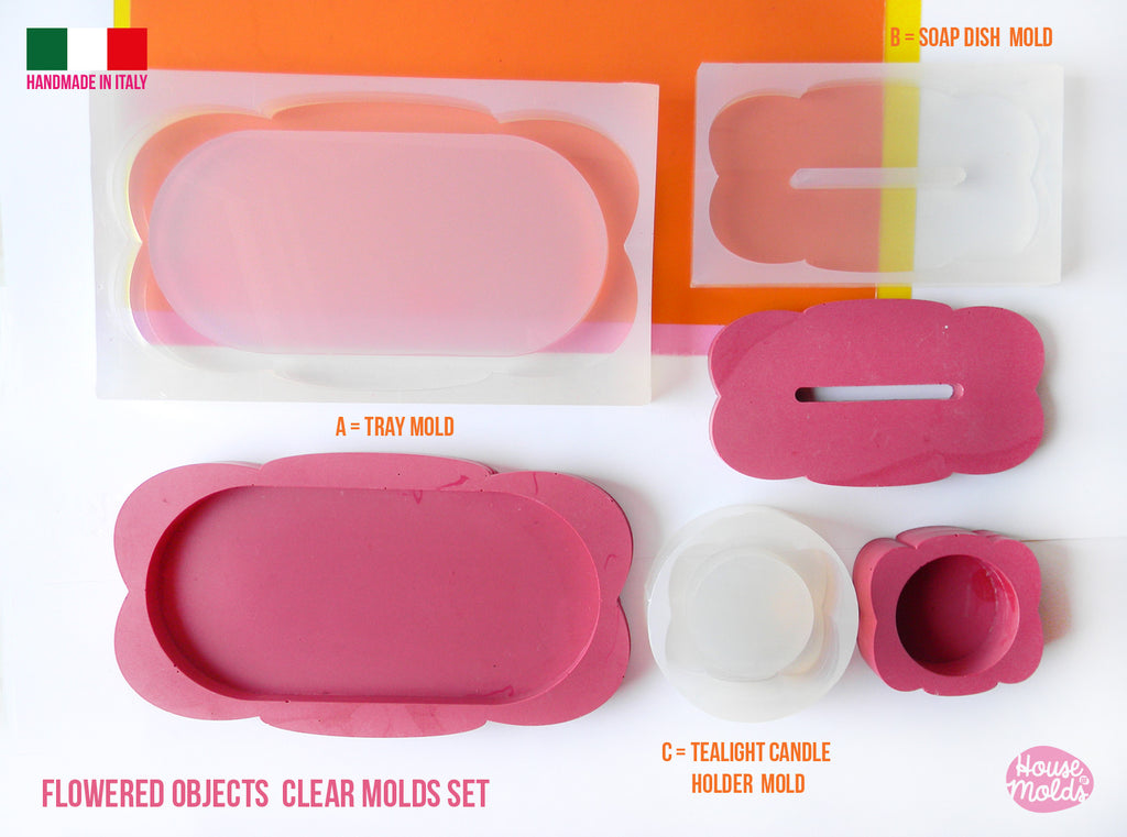 Flowered Objects  Clear Molds Set  - includes tray , soap dish and candle holder molds -super glossy - house of molds made in Italy